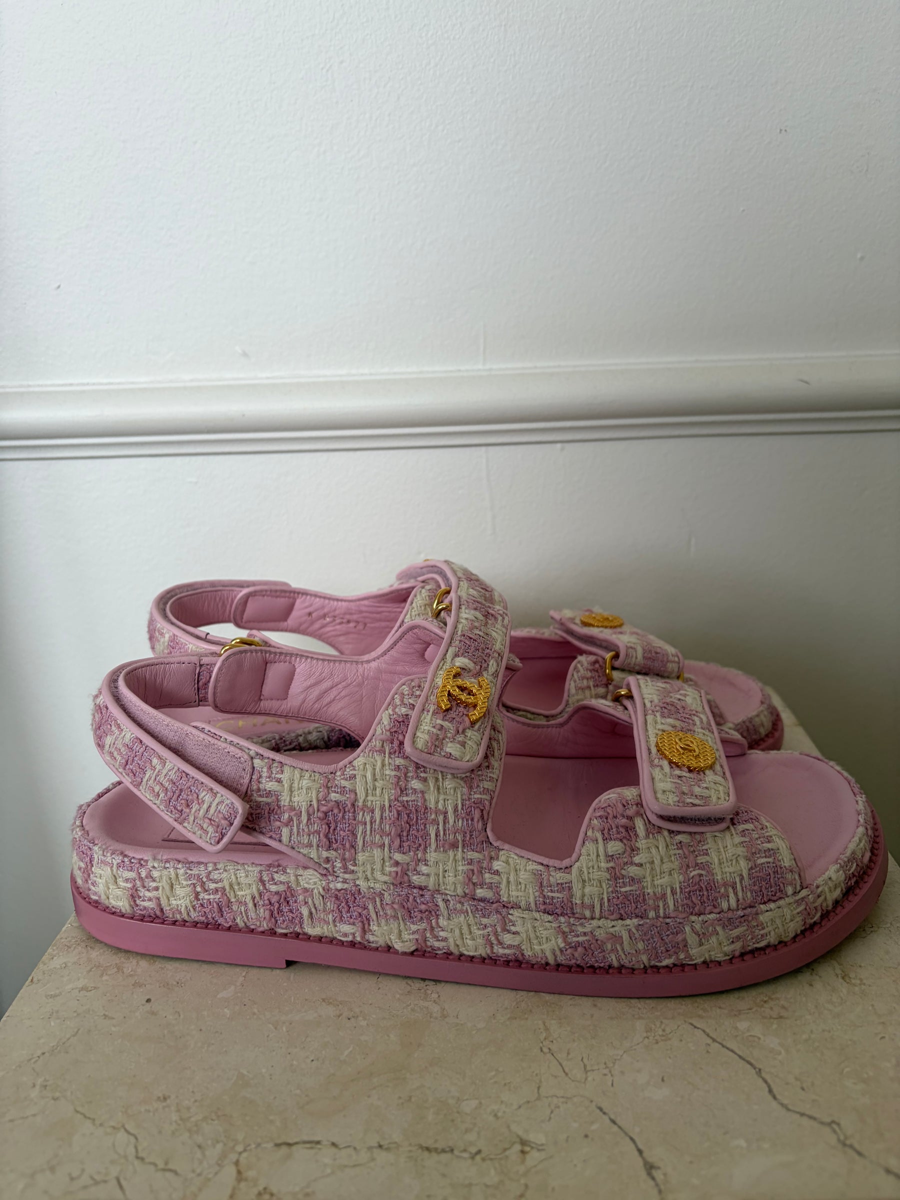 Chanel Pink And White Tweed Dad Sandals, 41 C