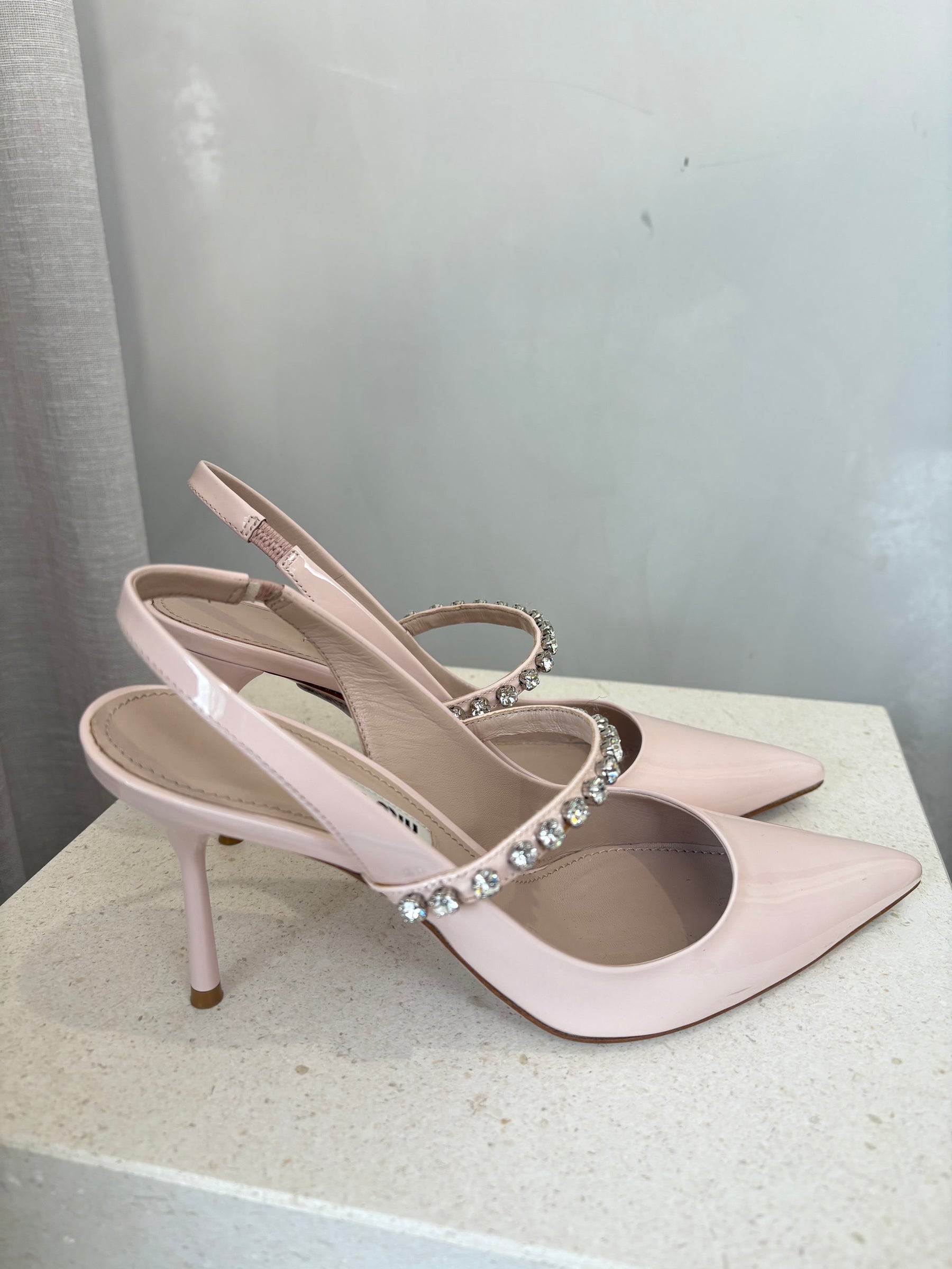Miu Miu Crystal Embellished Leather Slingback Pumps In Gemma Patent Leather, 35.5