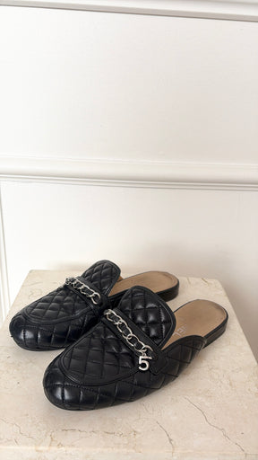 Chanel Black Quilted Leather Logo Mules, 37.5C