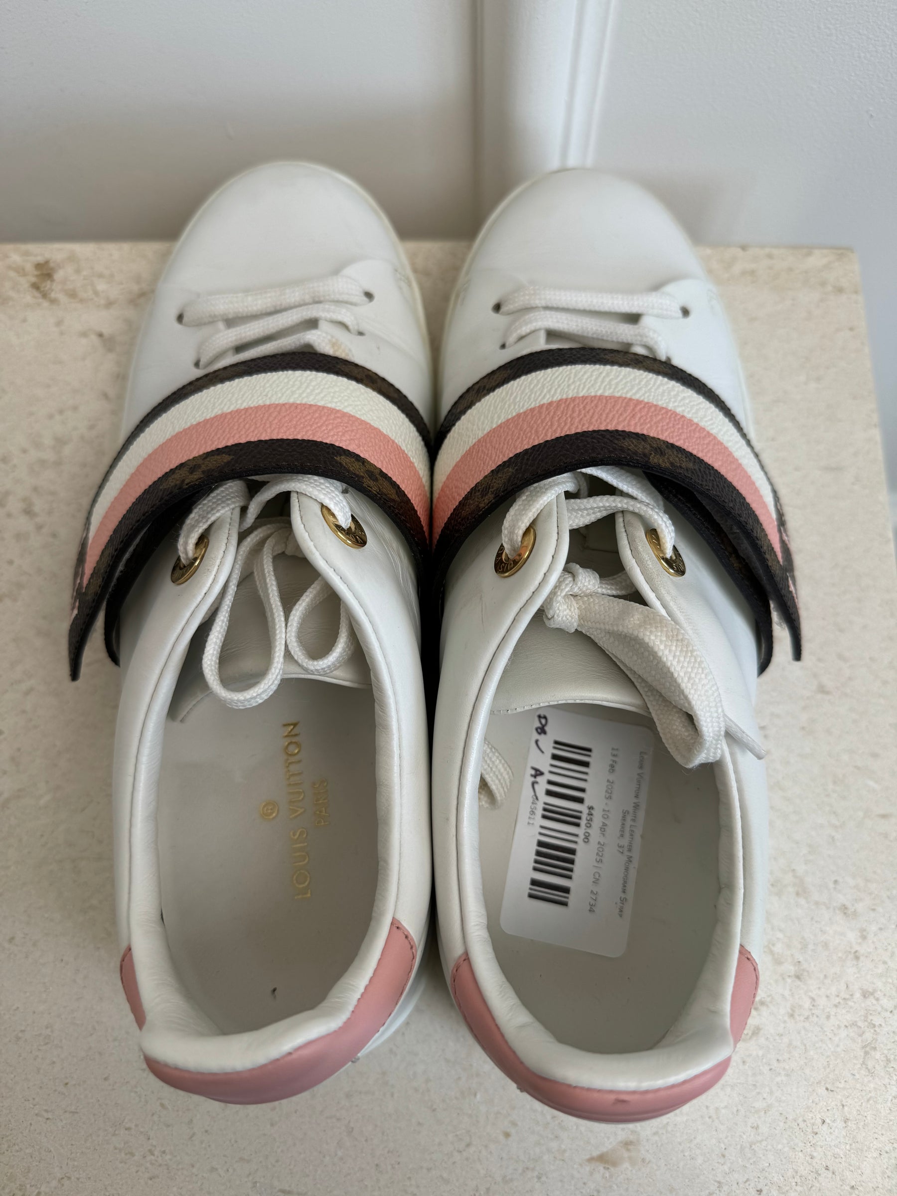 Louis Vuitton White Leather Monogram Strap Sneaker, 37