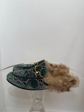 Gucci Green Velvet Monogram Shearling Princeton Mules, 38