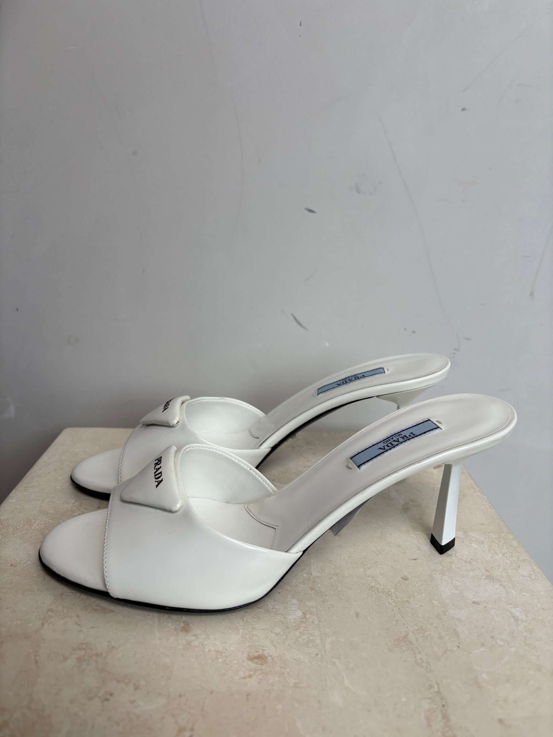 Prada White Leather Symbole Heeled Mules, 38.5