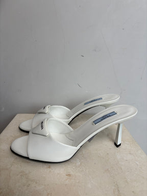 Prada White Leather Symbole Heeled Mules, 38.5