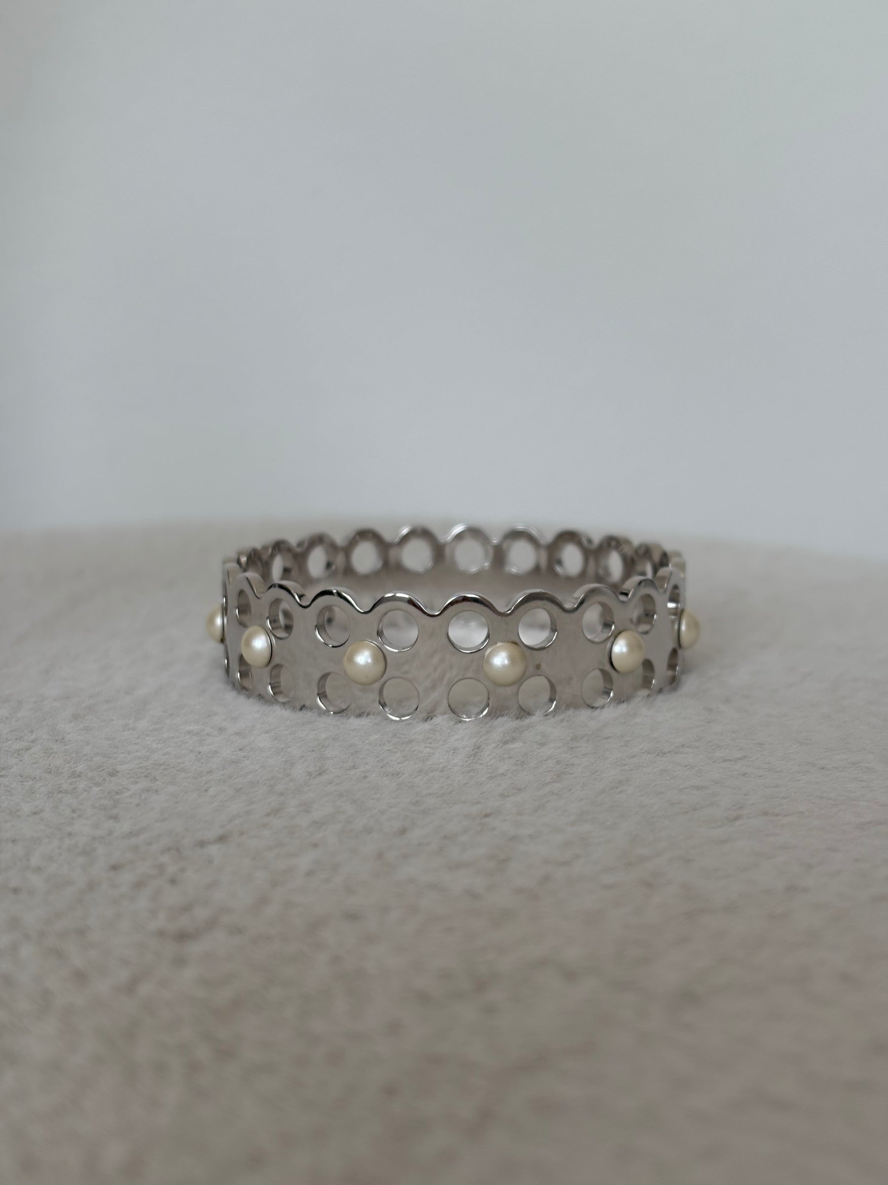 Louis Vuitton Silver Tone Bangle Pearl Embellished Bangle, S