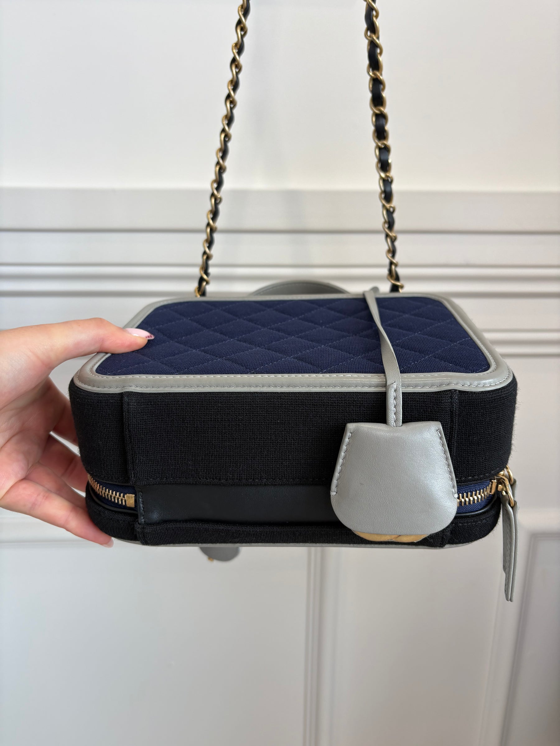 Chanel Black and Navy Jersey and Grey Leather Vanity Bag