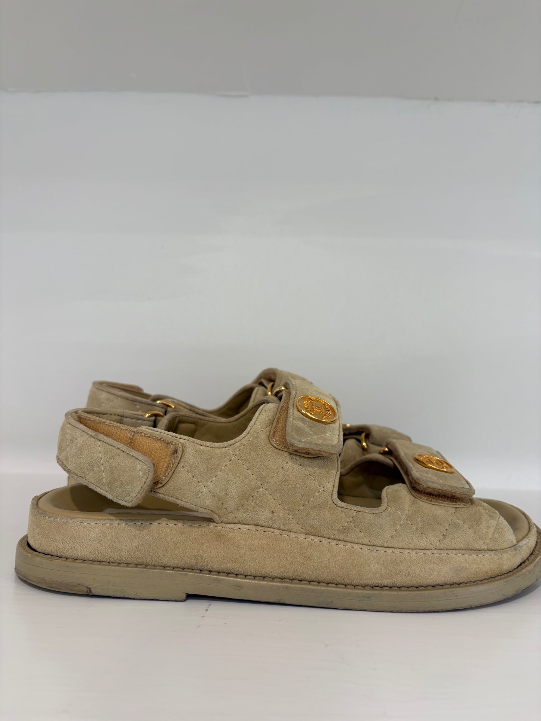 Chanel Suede Dad Sandal In Tan, 37C