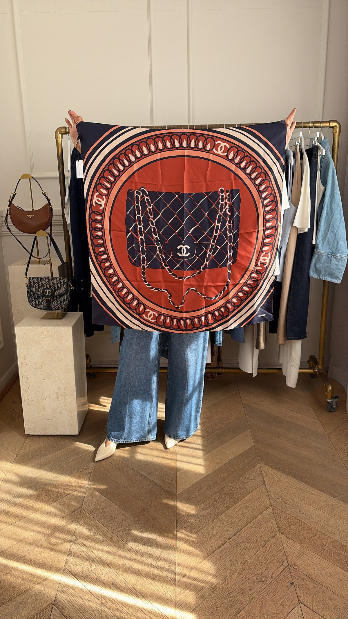 Chanel Rust, Navy and Peach Silk 85cm Square Scarf
