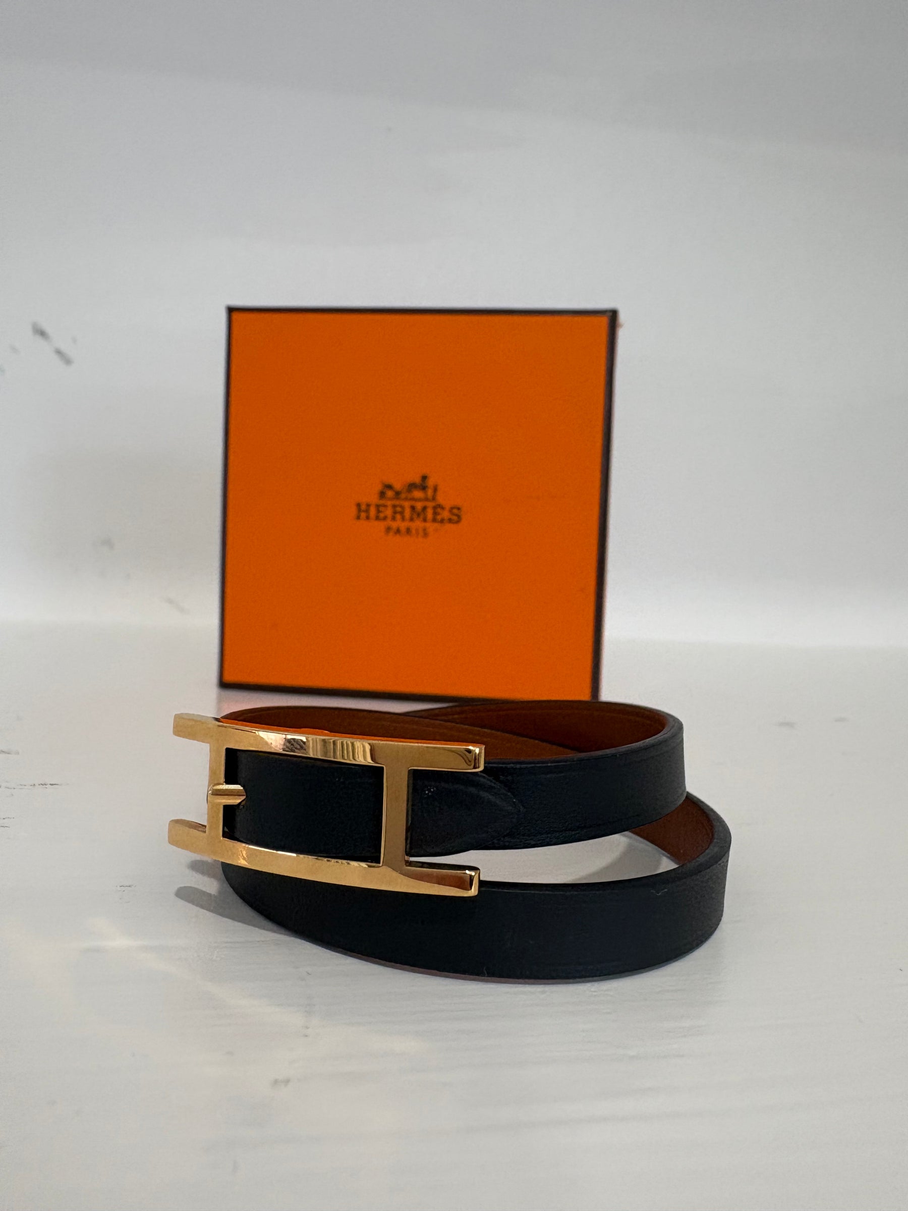Hermès Black Leather and Rose Gold Behapi Wrap Bracelet, T2