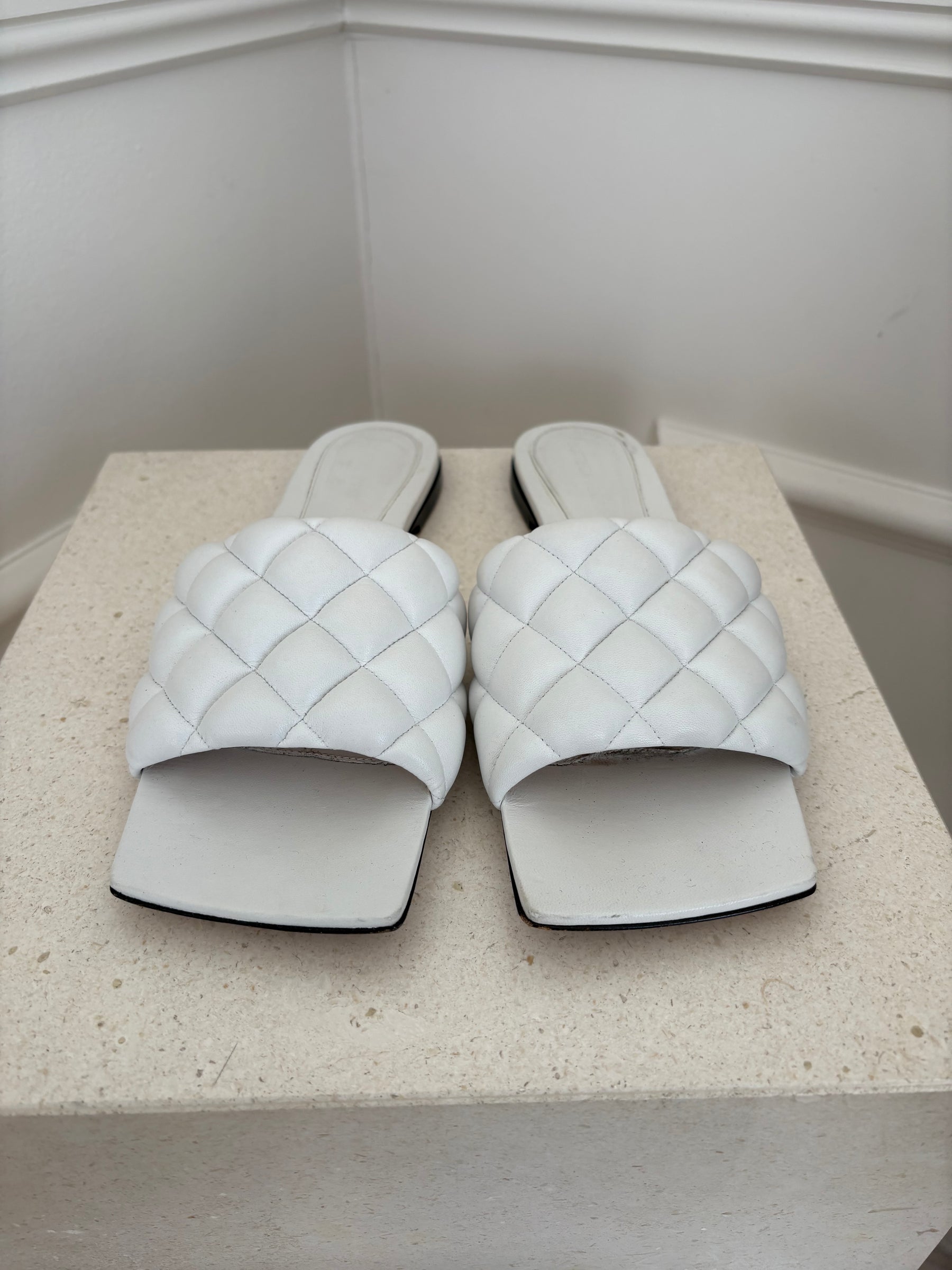Bottega Veneta White Padded Lido Leather Slides, 39