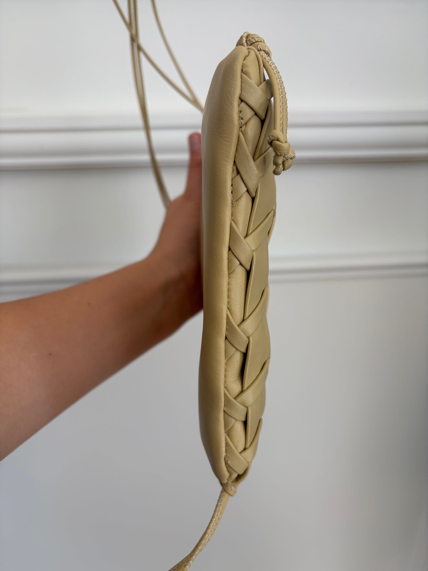 Hereu Beige Woven Leather Crossbody Pouch Bag