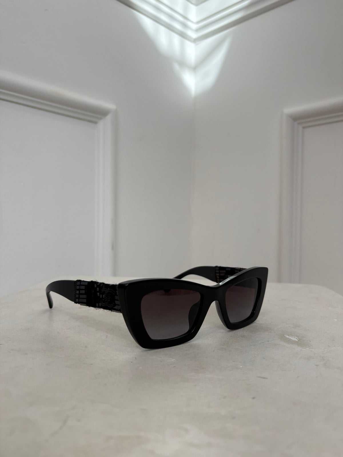 Chanel Black Cat Eye Tweed Arm Sunglasses *wide fit