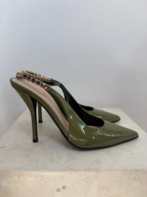 Gucci Khaki Green Patent Sling Back Pumps, 38