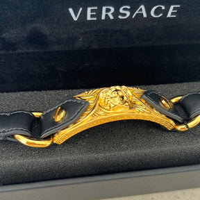 Versace Black Leather Bracelet with Gold Versace Head
