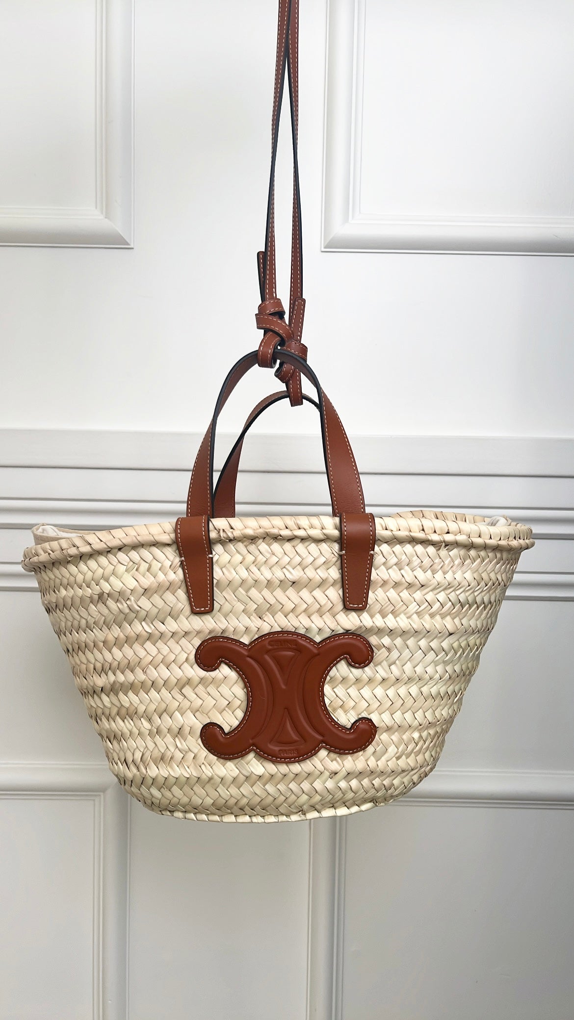 Céline Raffia and Leather Triomphe Basket Bag with Strap