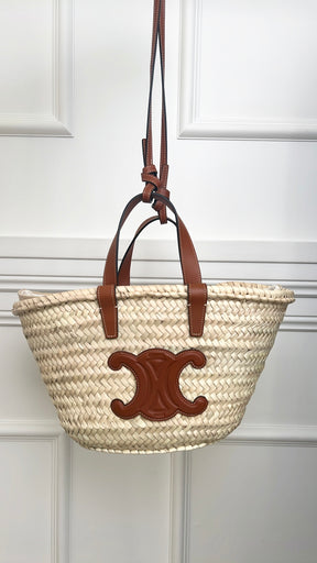 Céline Raffia and Leather Triomphe Basket Bag with Strap