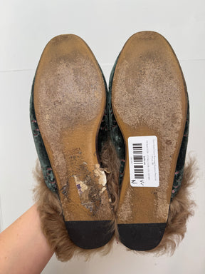 Gucci Green Velvet Monogram Shearling Princeton Mules, 38