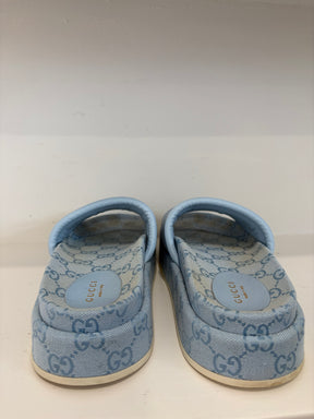 Gucci Blue Canvas Monogram Platform Slides, 39