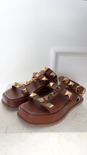 Valentino Tan Leather Roman Stud Sandals, 37