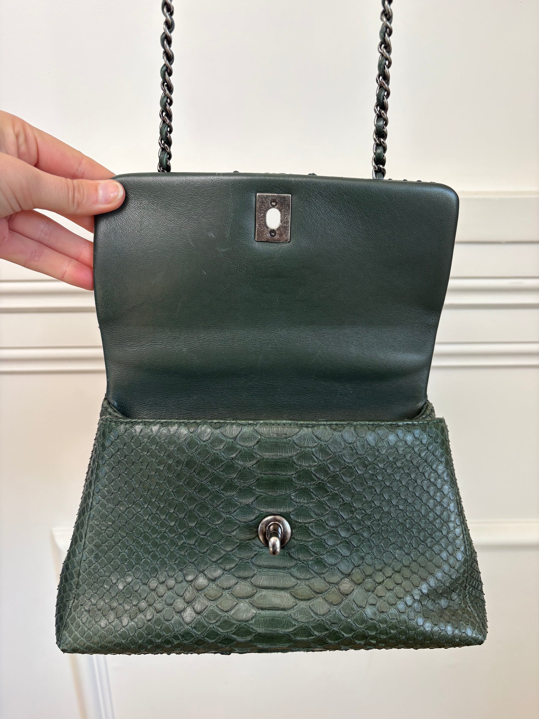 Chanel Emerald Green Python Leather Mini Coco Top Handle Bag
