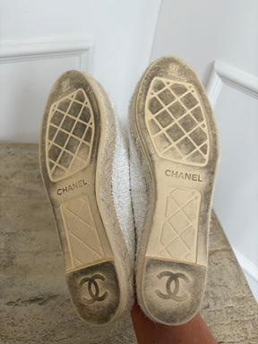 Chanel White Tweed and Patent Leather Logo Espadrilles, 37