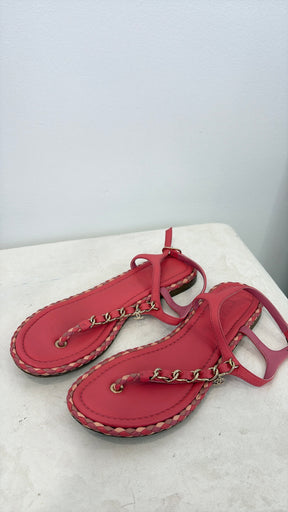 Chanel Pink Leather Chain T Bar Sandals, 37C