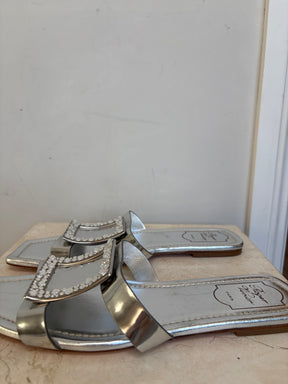 Roger Vivier Silver Leather and Crystal Slides, 40