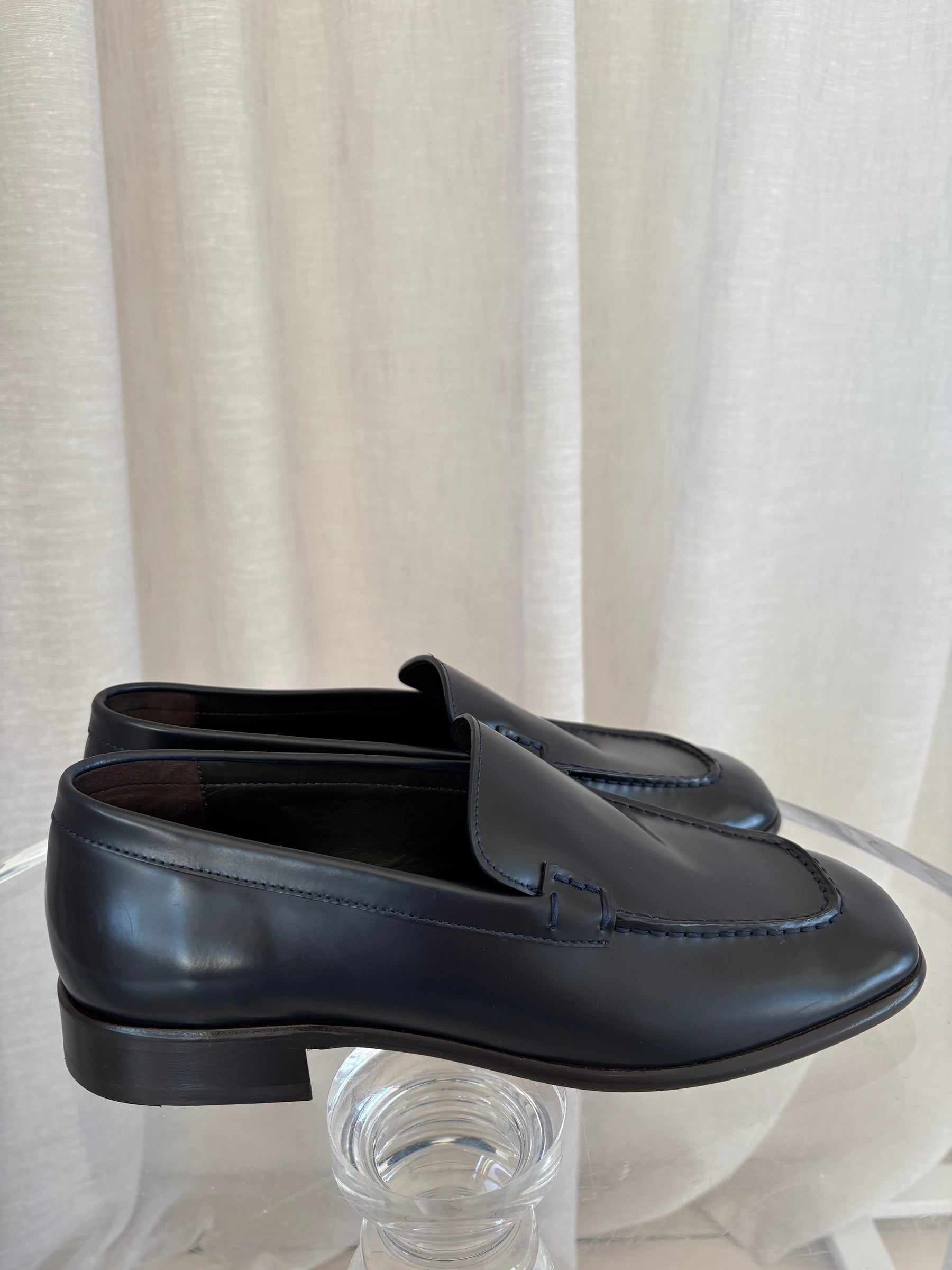 The Row Navy Leather "Mensy" Loafers, 40