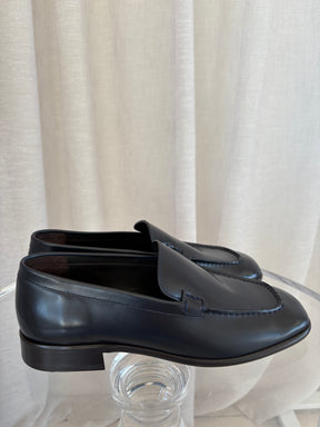 The Row Navy Leather "Mensy" Loafers, 40