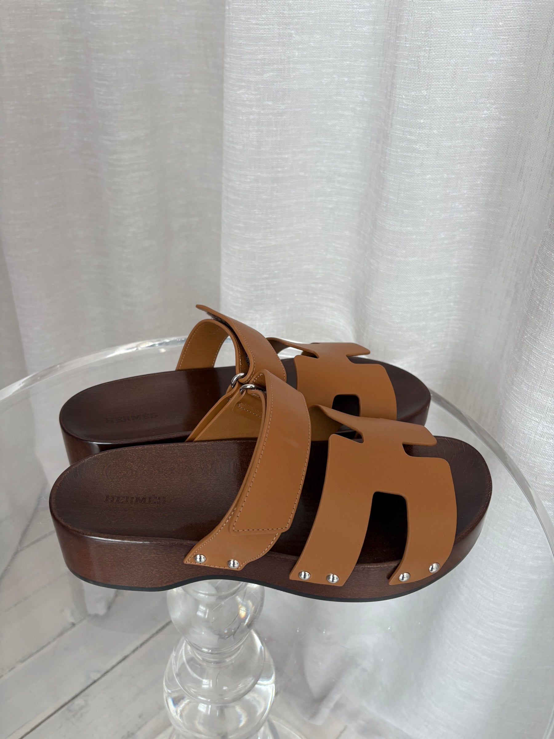 Hermès 'Naturel' Leather Wooden Kos Clogs, 40