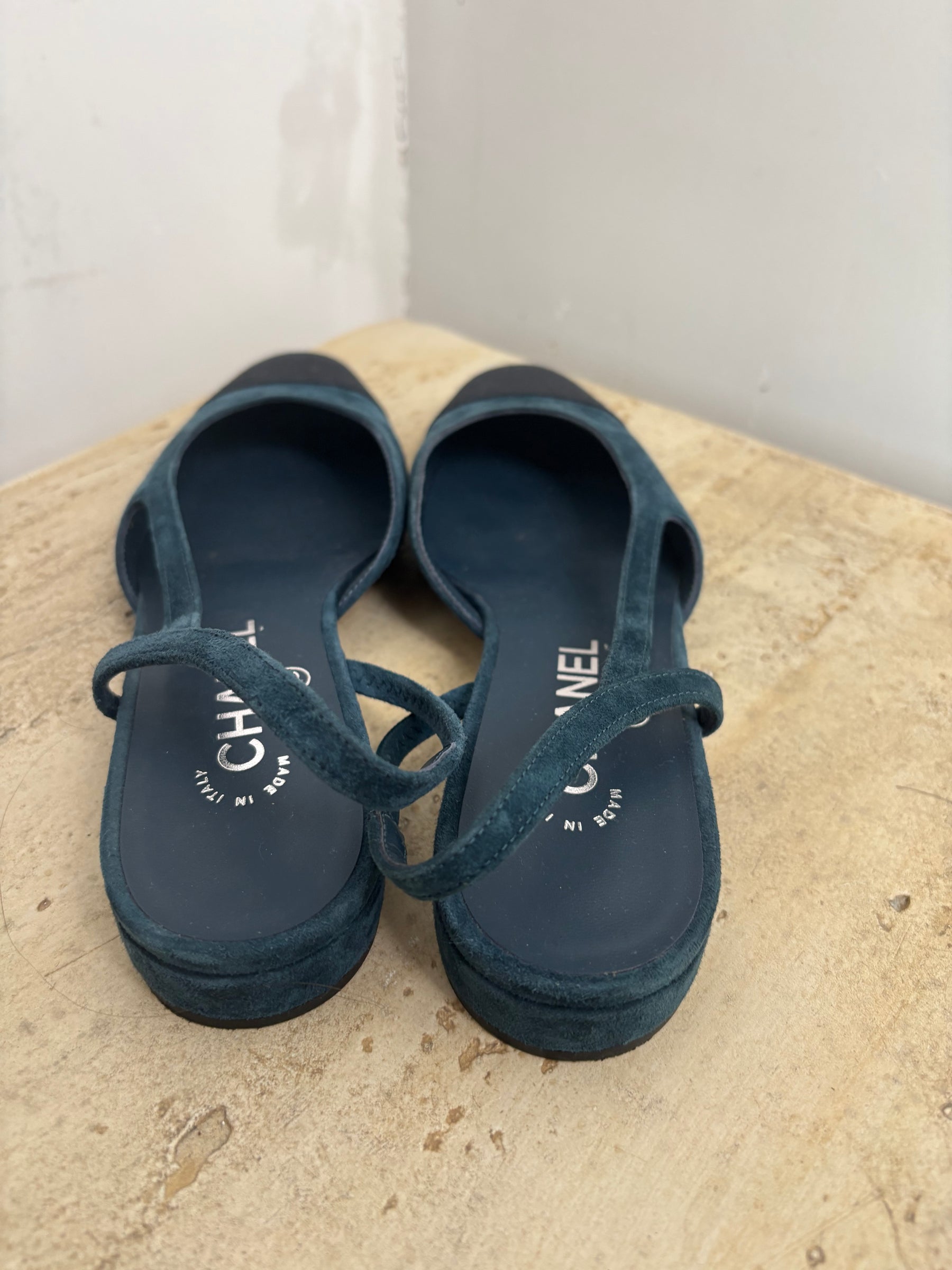Chanel Teal Suede Slingback Flats, 36 C