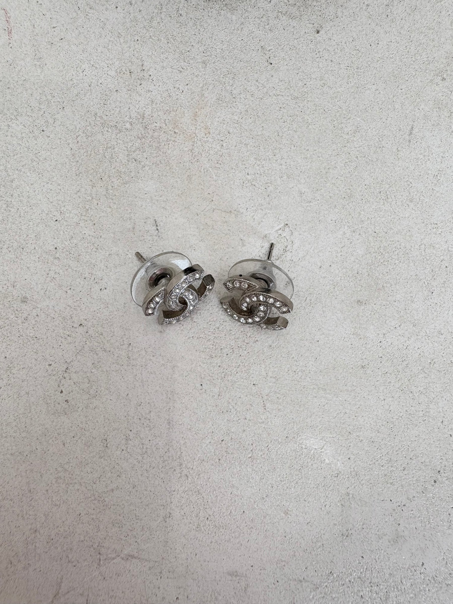 Chanel Silver Crystal Logo Studs