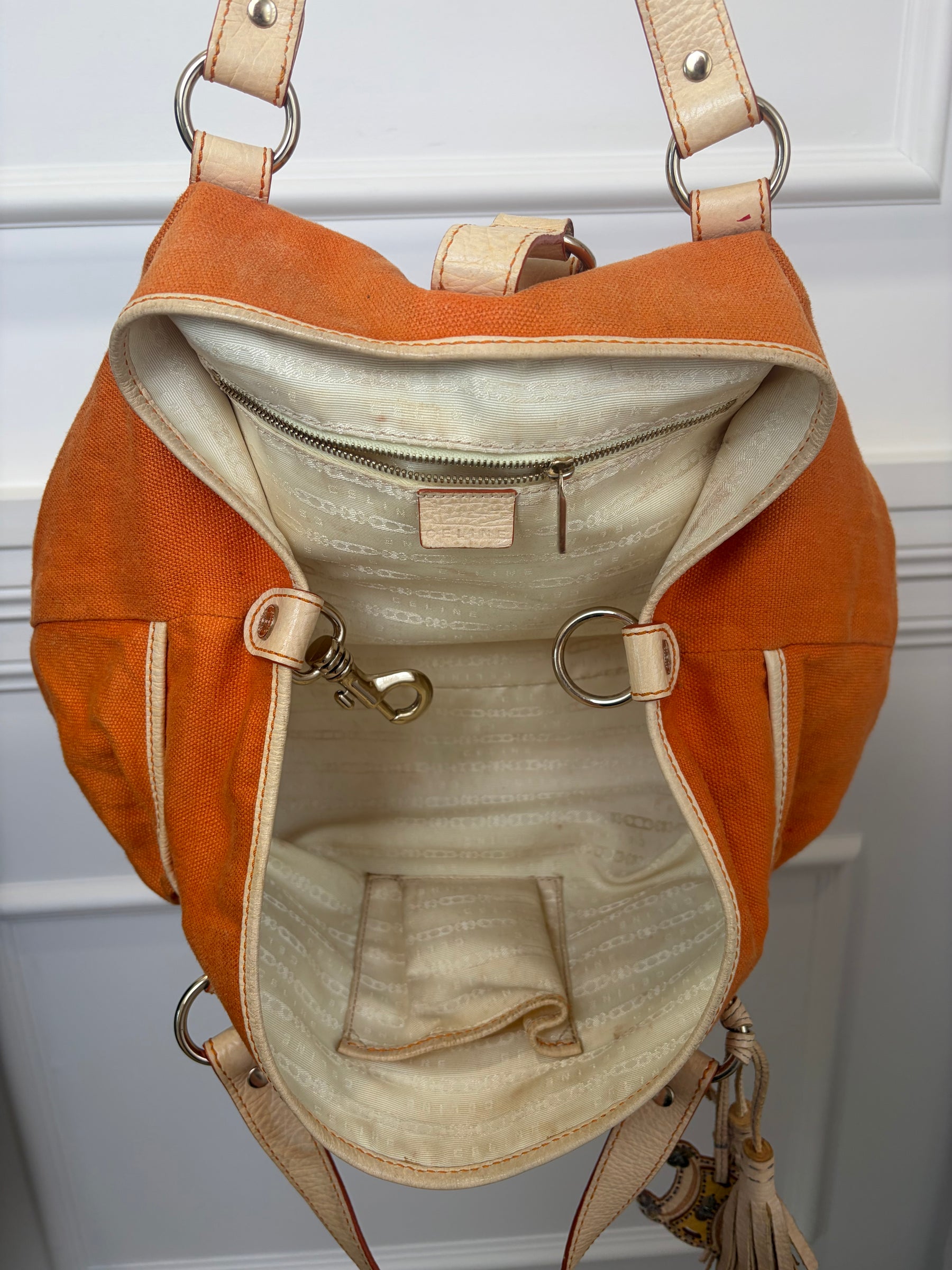 Celine Orange Canvas and Cream Leather Shoulder Bag