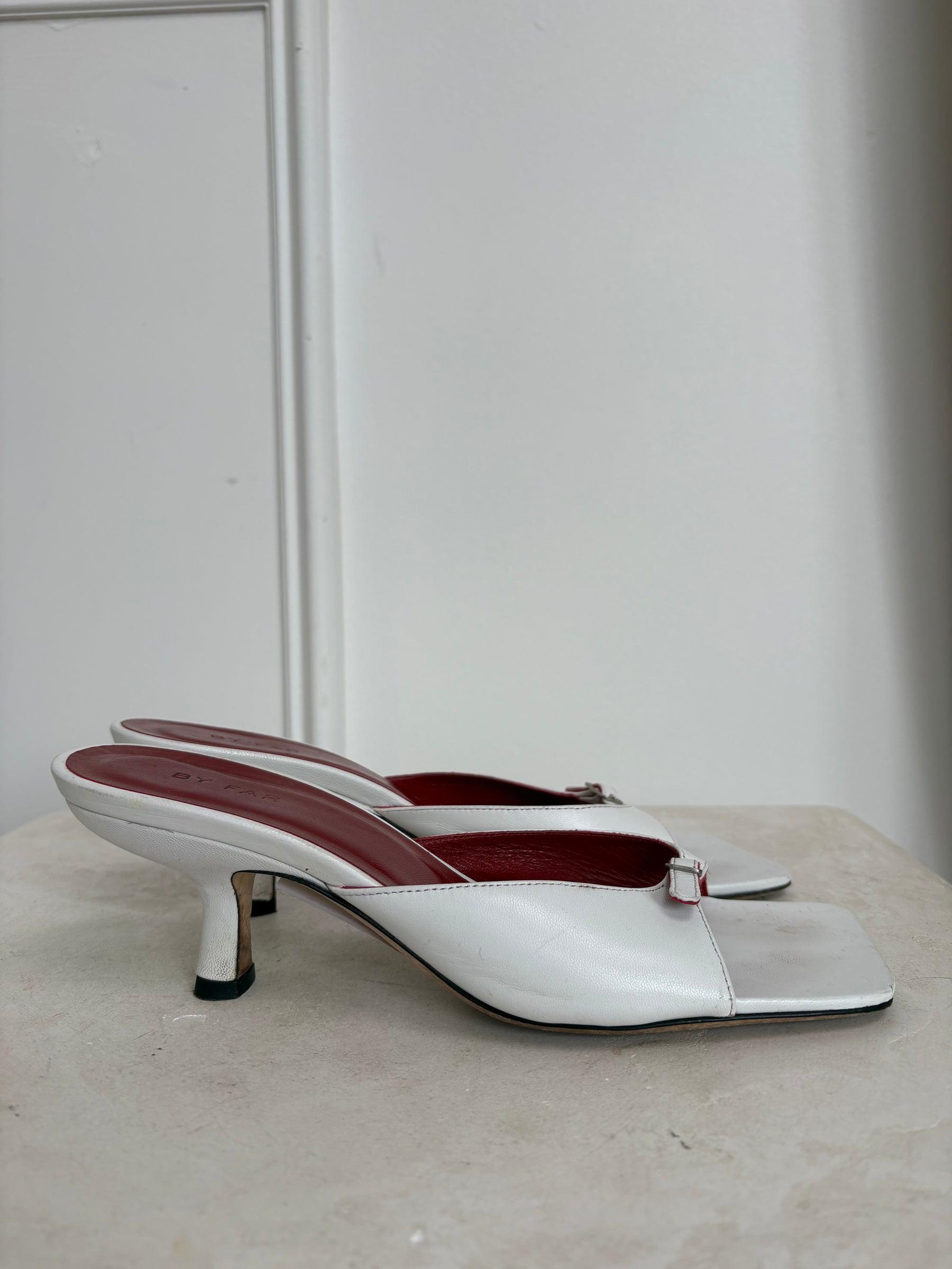 By Far Cream Leather Buckle Mule, 38
