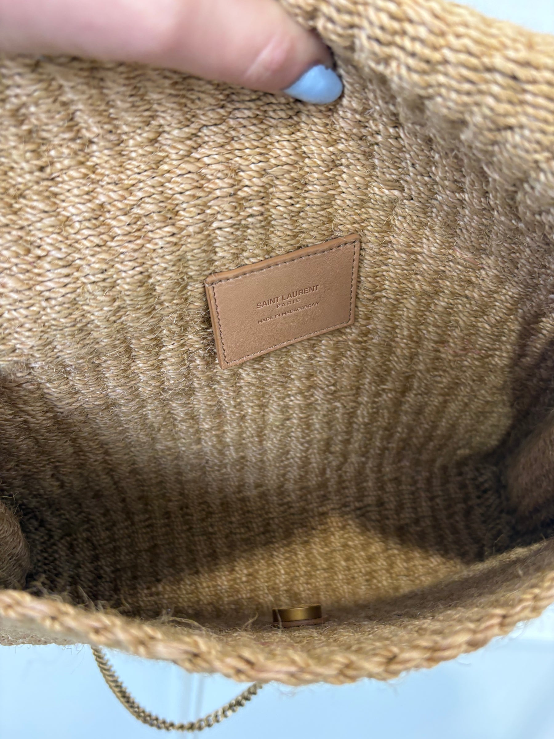 Saint Laurent Raffia Envelope Shoulder Bag Cassandre Logo Chain Strap