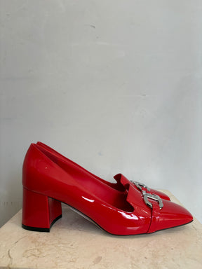 Ferragamo Flame Red Patent Block Heel Silver Hardware, 7.5D