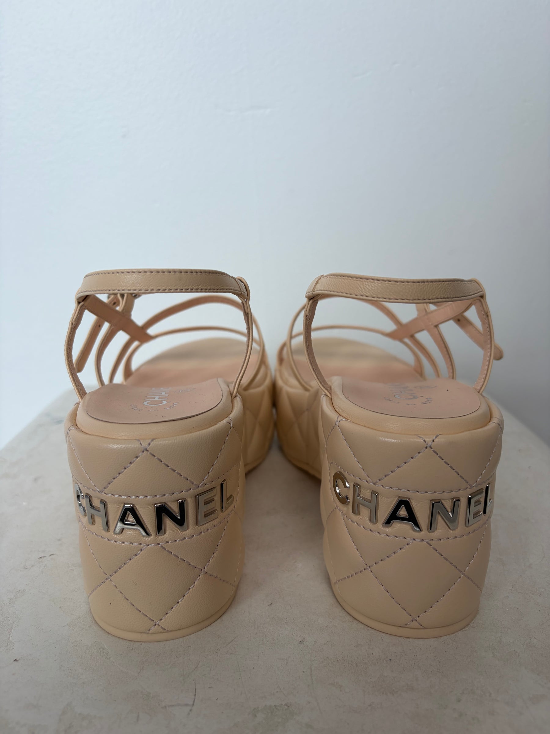 Chanel Pale Peach Quilted Leather Platform Sandals, 39 C