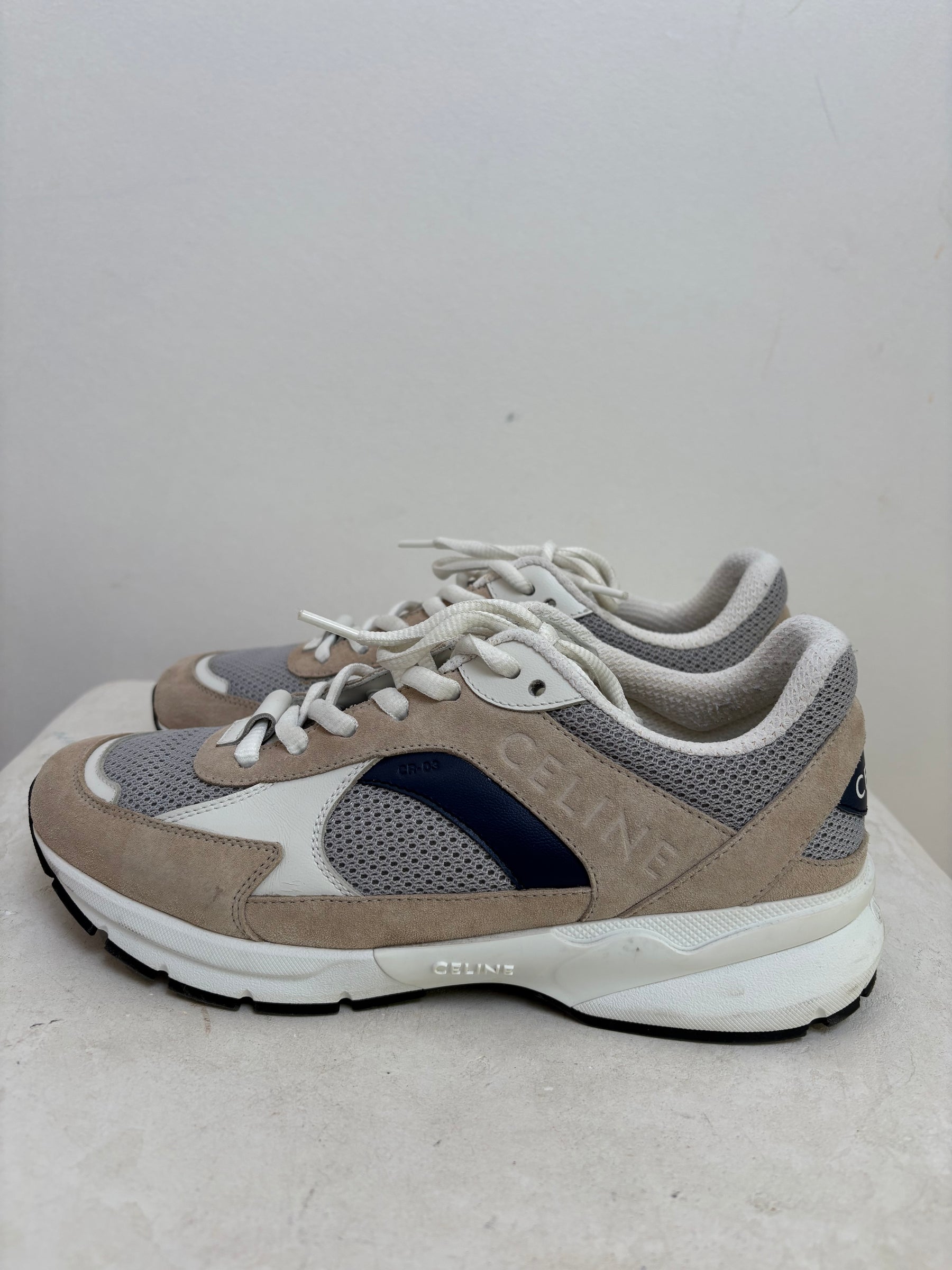 Celine Mesh and Calfskin Optic White Beige Navy Low Top Sneakers, 38