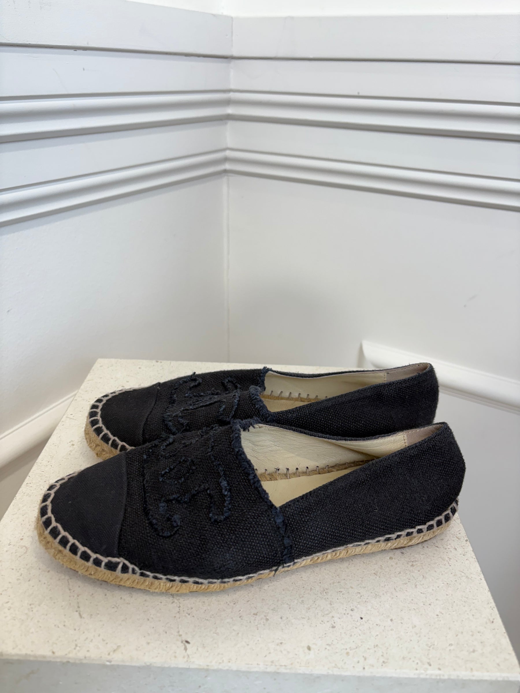 Chanel Black Canvas Logo Espadrilles, 38