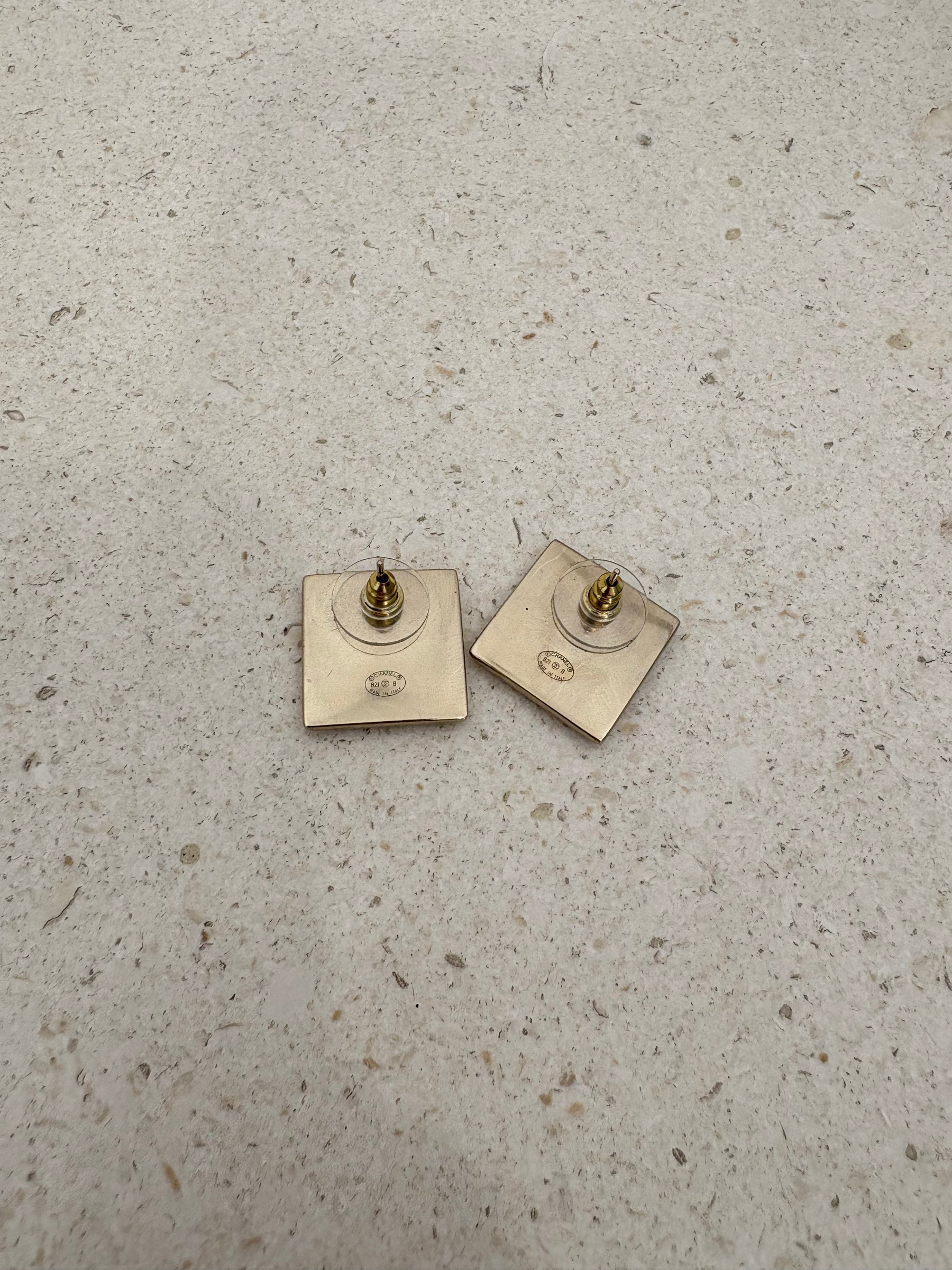 Chanel Square Loco Earrings Gold Tone