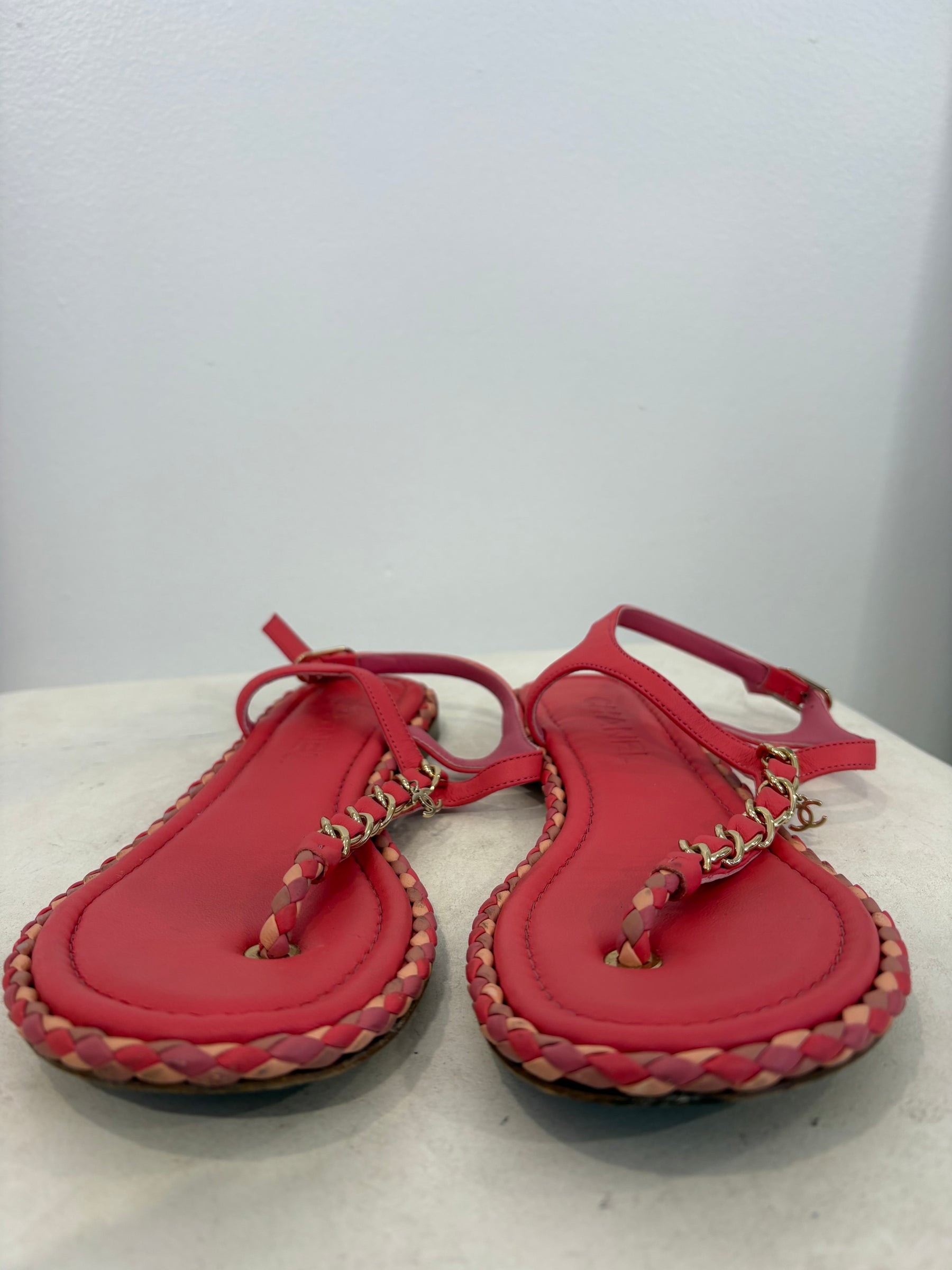 Chanel Pink Leather Chain T Bar Sandals, 37C