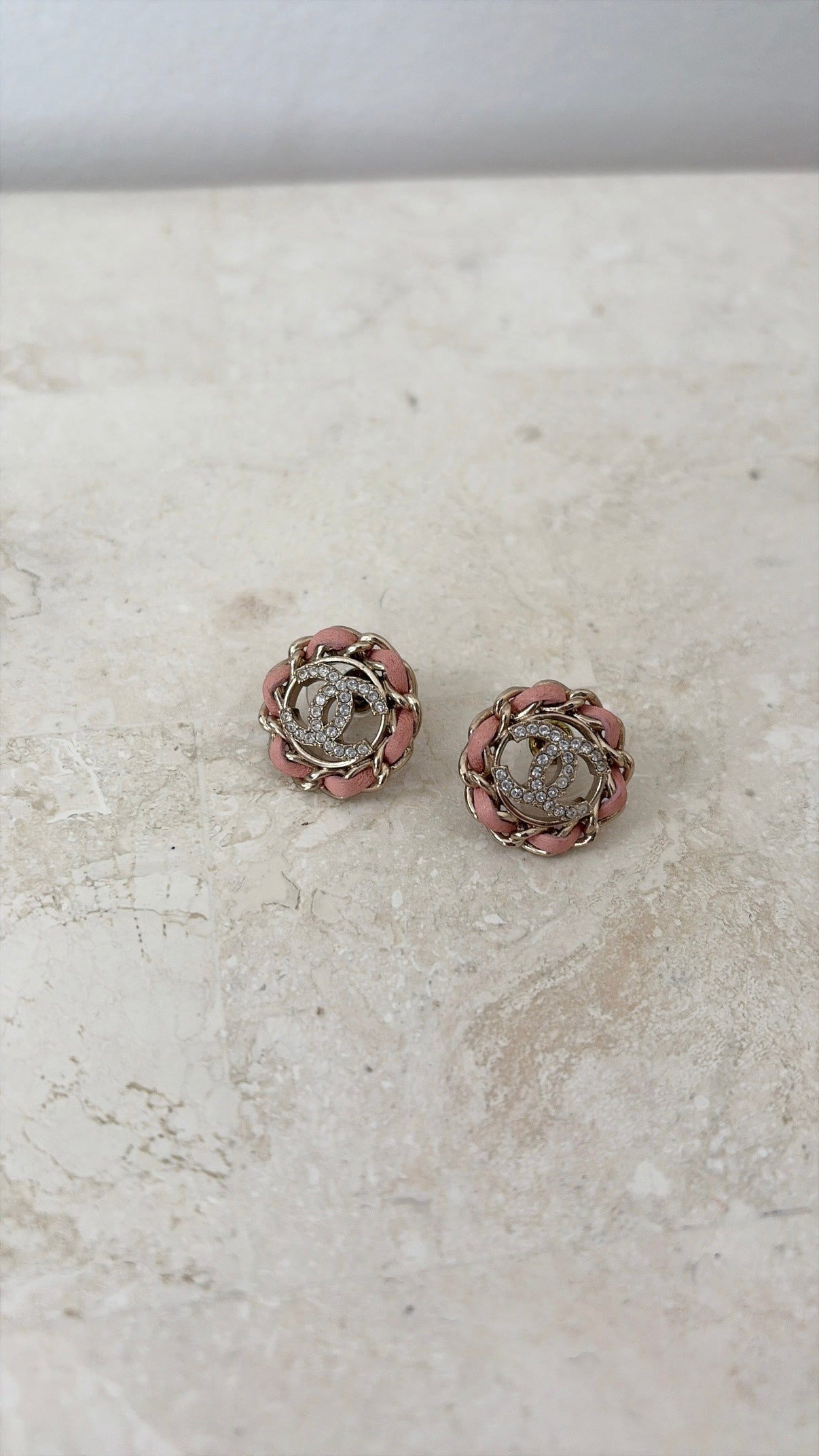 Chanel Gold Tone and Crystal Pink Woven Logo Stud Earrings