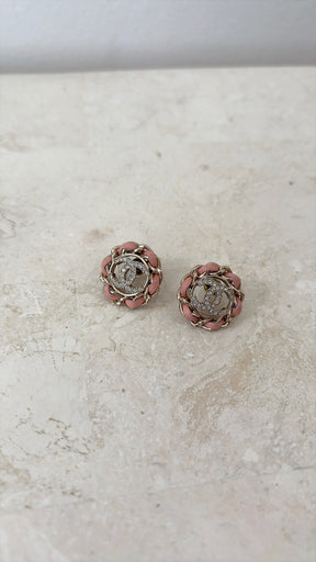 Chanel Gold Tone and Crystal Pink Woven Logo Stud Earrings