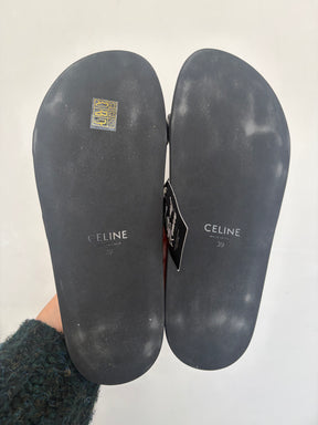 Celine Black Leather Triomphe Slides, 39