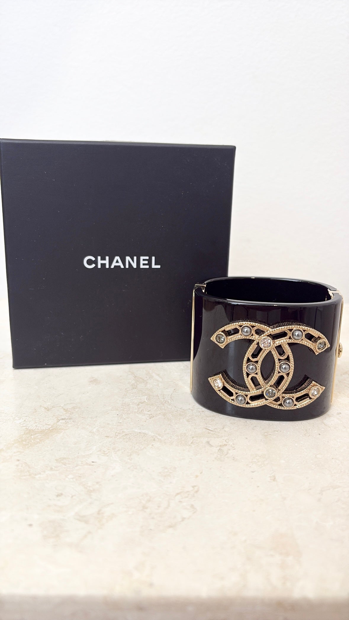 Chanel Black and Gold Tone Acrylic Cuff