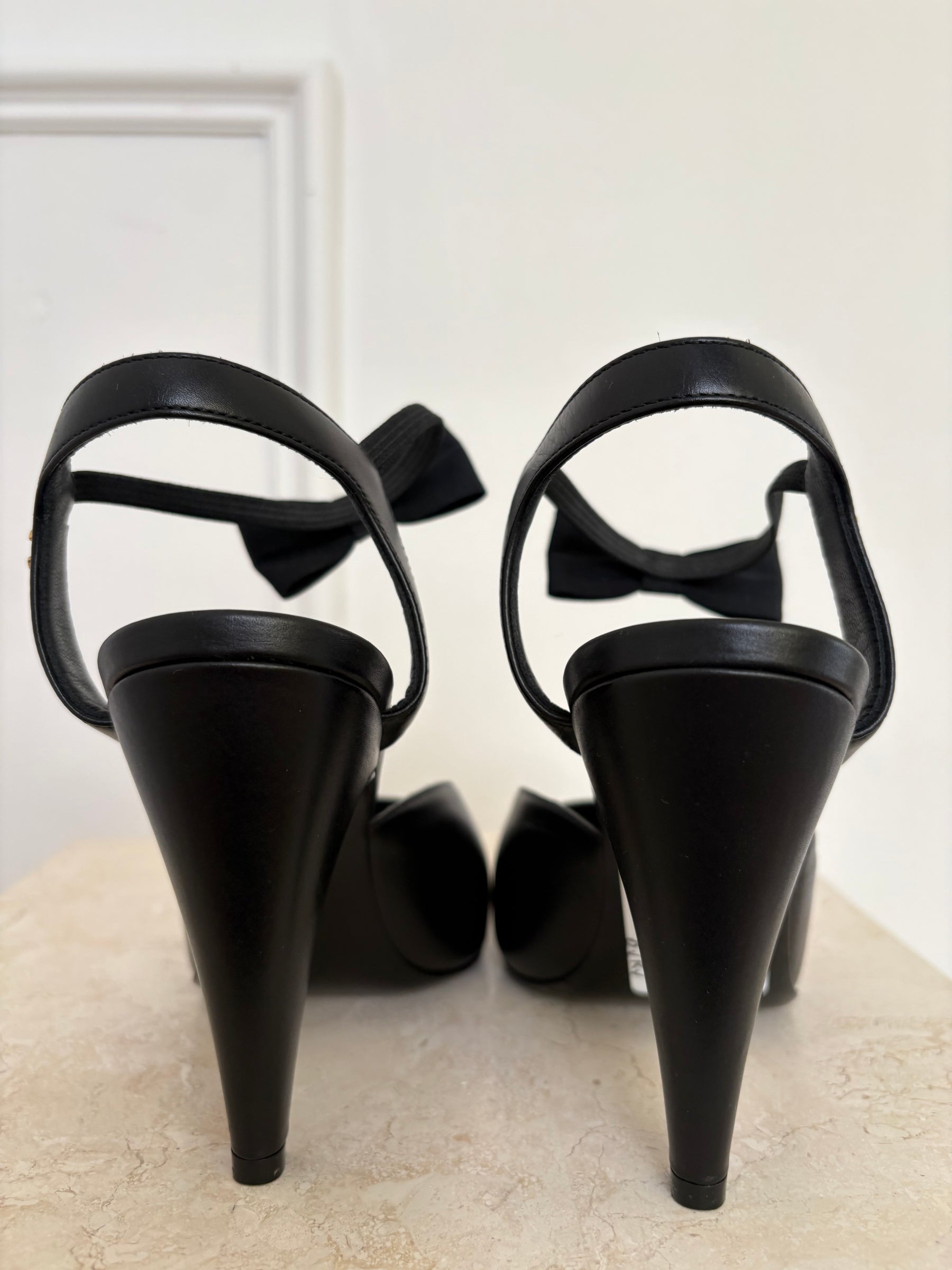 Chanel Black Leather Bow Ankle Slingback Heels, 38C