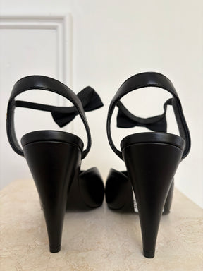 Chanel Black Leather Bow Ankle Slingback Heels, 38C