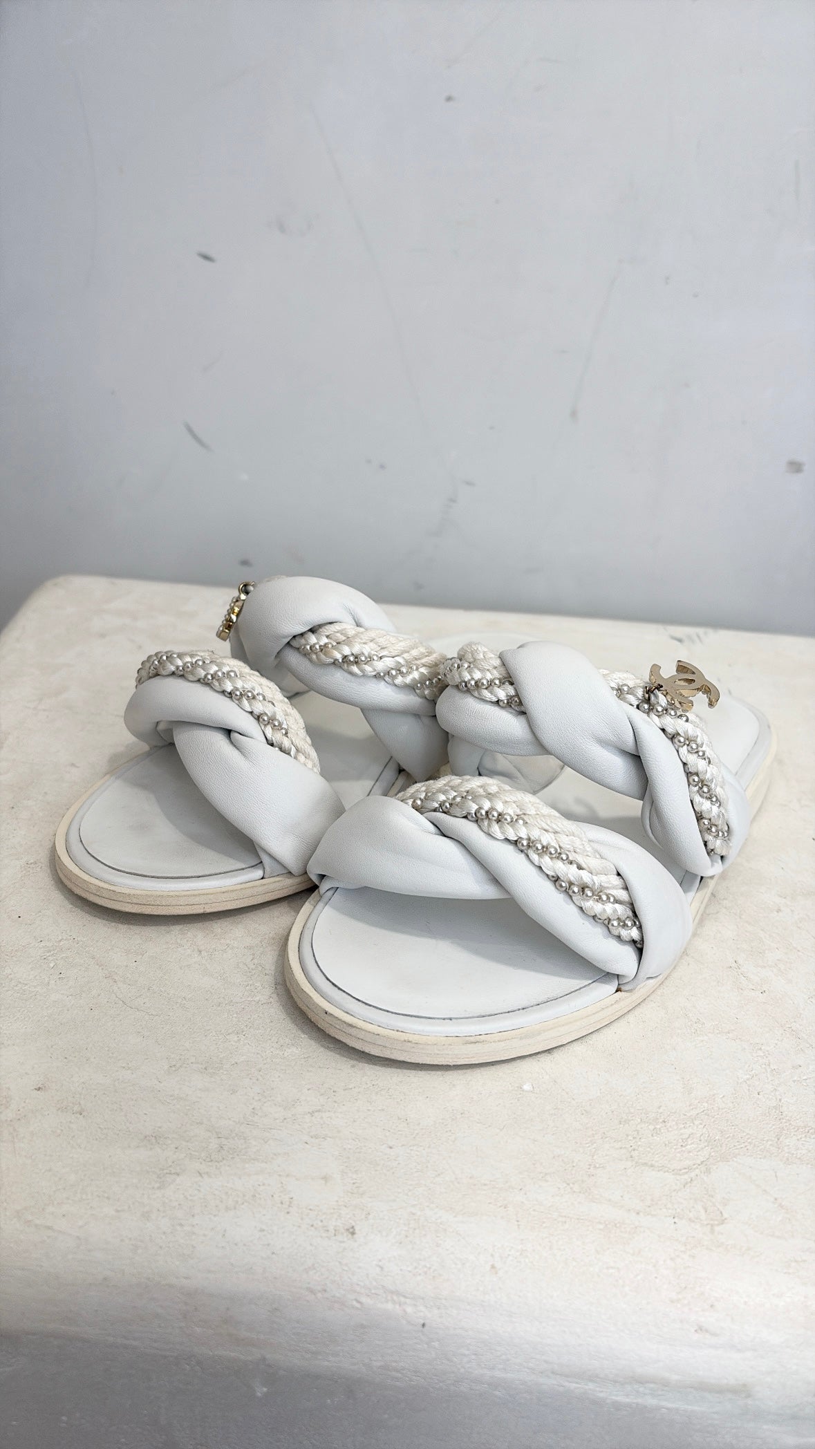 Chanel White Leather and Rope Twist Slides, 36 C