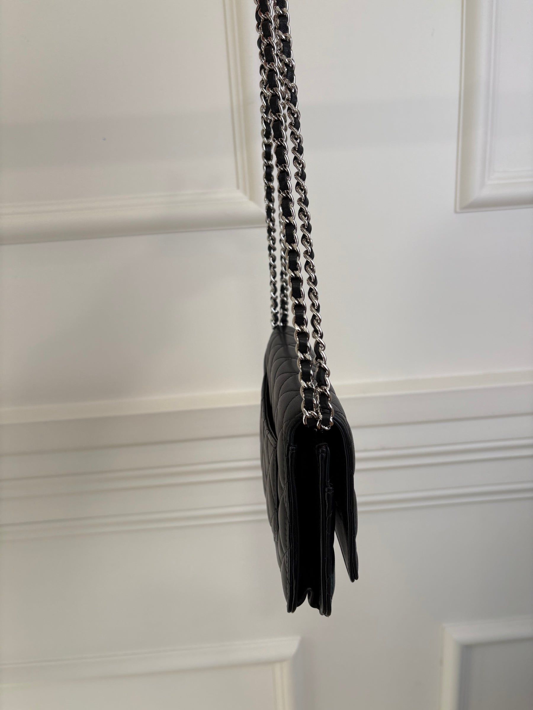 Chanel Black Quilted Wallet On Chain Silver Hardware