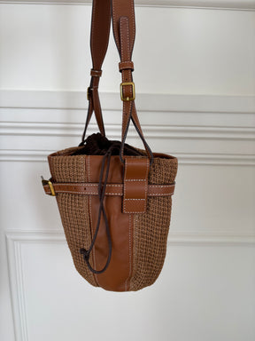 STAUD Tan Leather and Raffia Bucket Shoulder Bag
