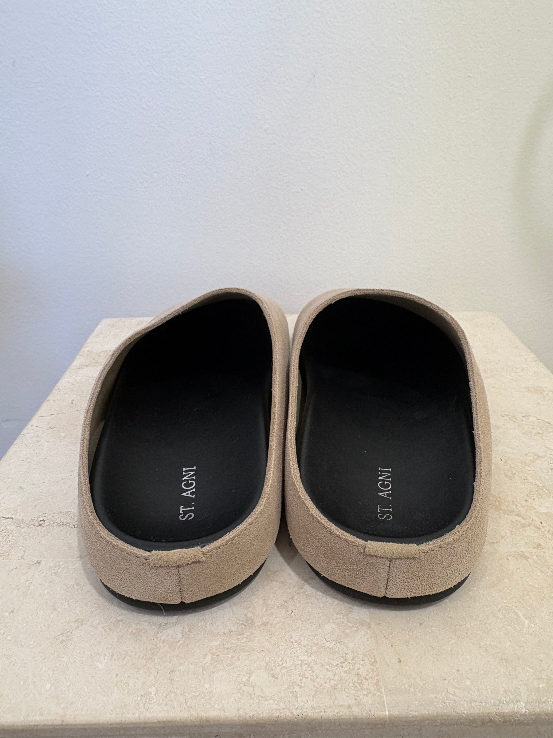 St. Agni Stone Suede Clog Mules, 36